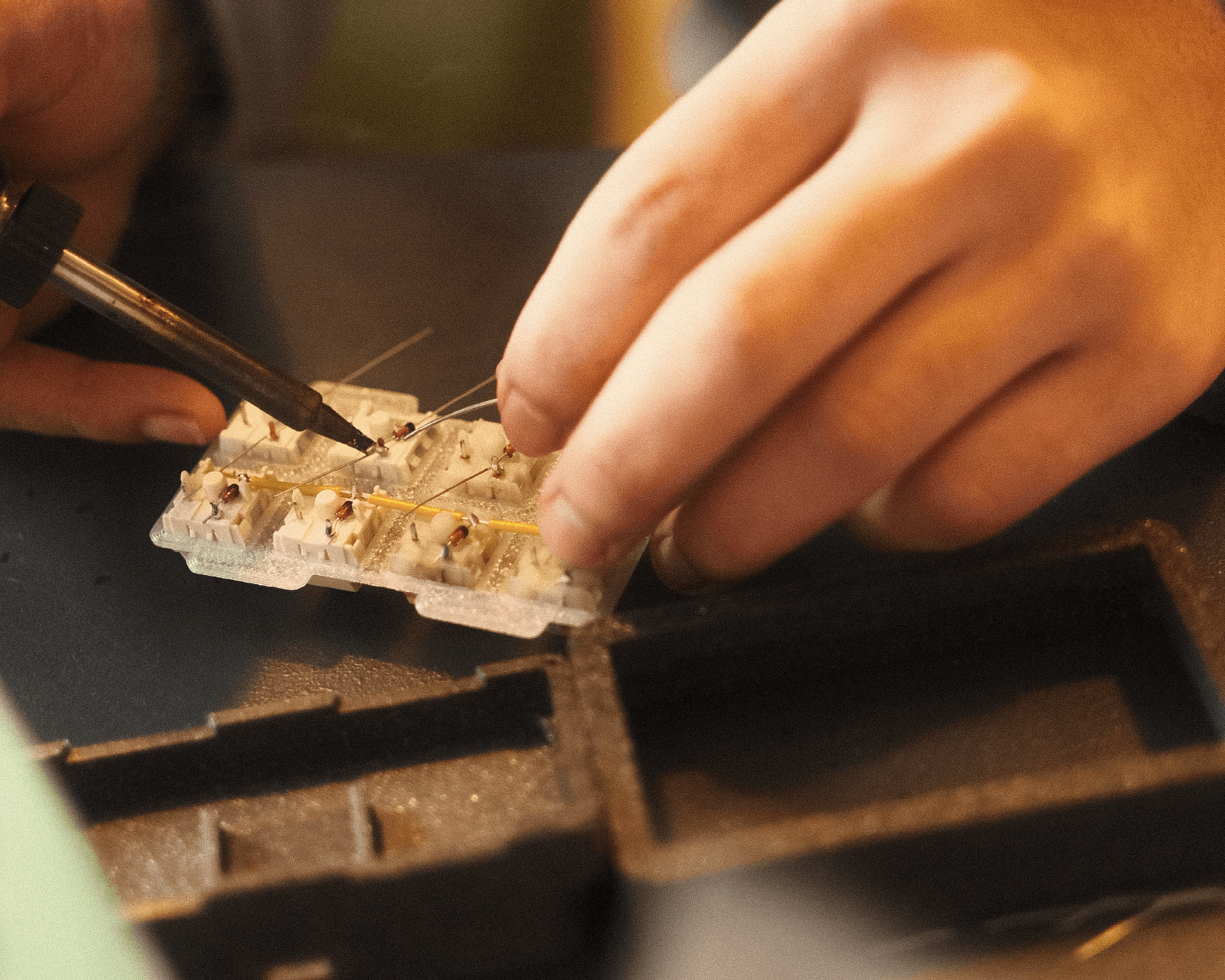 Third meetup soldering workshop, close up of soldering of the pcb